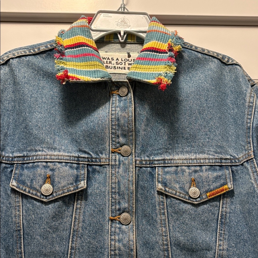 Upcycled Denim Jacket Handmade with Colorful Knit Collar And Back size M. - Picture 5 of 9